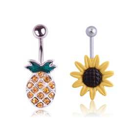 COLORFUL BLING 316L Stainless Steel Fruit Pineapple Navel Rings Crystal Belly Button Rings Body Piercings Jewelry (flower)