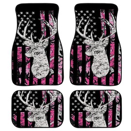 FKELYI Universal Car Floor Mats Carpet Set with Pink American Flag Camo Deer Hunting Design Water Absorbent Auto Interior Rugs Fit All Weather