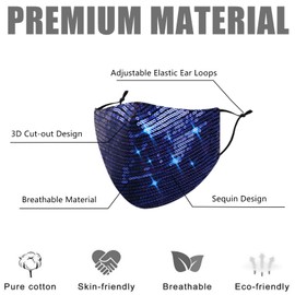 Reusable Sequin Face Mask Women Female Adult Glitter Sparkly Bling Fashion Cute Washable Designer Pretty Breathable Adjustable Sparkle Bedazzled Fancy Decorative Masquerade Blue Purple, Gift For Women