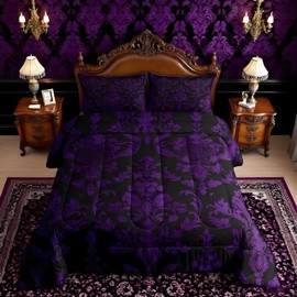 Feelyou Purple Black Vintage Damask Floral Comforter Set Gothic Bohemia Floral Bedding Set King Size for Boys Girls Bedroom Bed Decor Oriental Antique Comforter Luxury Flower Bed Set for All Season