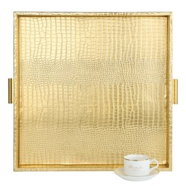 HofferRuffer Elegant Decorative Serving Tray, 20"x20" Square Faux Leather Ottoman Tray with Gold Hardware Handles, Coffee Table Serve Tea, Coffee or Breakfast (Gold, Square-20 inch)
