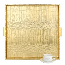 HofferRuffer Elegant Decorative Serving Tray, 20"x20" Square Faux Leather Ottoman Tray with Gold Hardware Handles, Coffee Table Serve Tea, Coffee or Breakfast (Gold, Square-20 inch)