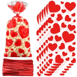 120 PCS Valentines Cellophane Treat Bags 10.6 x 5 Inch Valentine Heart Clear Candy Bag Red Hearts Plastic Goodie Bags with Twist Ties for Valentines Day Cookie Gift Bag Wedding Party Favors Supplies