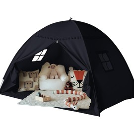 Full Size Bed Tent Canopy: Lights & Flags Indoor Floor Bed Kids Tent Playhouse - Space Blackout Sleeping Tents Indoor Breathable Portable Cottage Drafty Room Floor (Large Black)