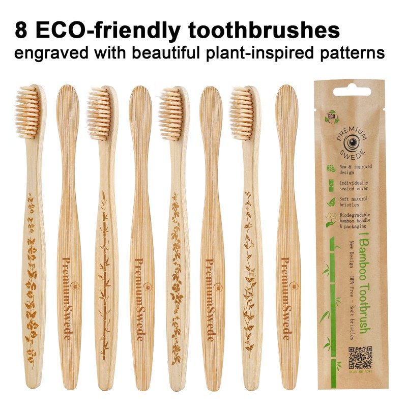 Premiumswede Bamboo Toothbrushes Soft Bristles Adult - 8 Pack Eco-Friendly