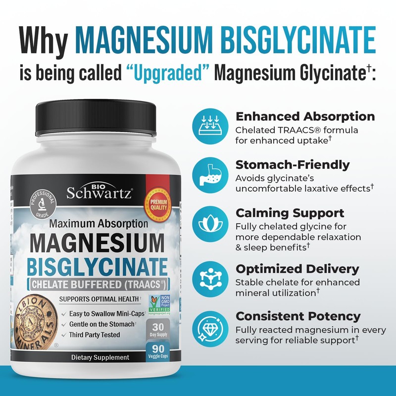 Magnesium Bisglycinate 100% Chelate No-Laxative Effect - Maximum Absorption &