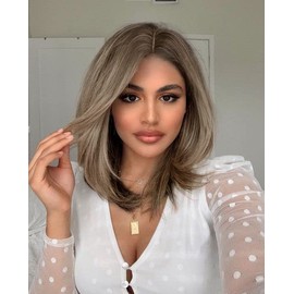 VEBONNY VEBONNY-261 Brown Roots Ombre Blonde Bob Cosplay Wigs Middle Parting Brown to Dirty Blonde Synthetic Wig