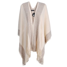 ZLYC Women's Lightweight Shawl Golden Trim Textured Knit Blanket Wrap Fringe Poncho with Contrast Trims (Khaki),One Size