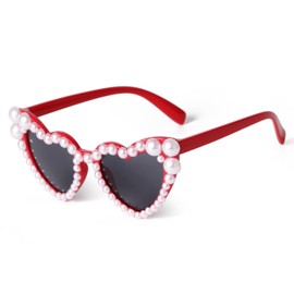 PEGH Kids Heart Shaped Sunglasses for Toddler Girls Pearl Party Sunglasses Cat Eye Bling Sun Glasses Age5-10 UV400 Protection (Red Frame - Grey Lens)