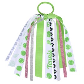 Tennis Ponytail Holder Streamer Hair Tie for Girls, 8.7" Glitter Ribbon No Crease Elastic Band Accessory with Tennis Racket Design for Sport Team Player, Fans, Women Game Day Gift