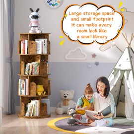 Besiost Rotating Bookshelf, Corner Bookshelf, 360 Display Wood Spinning Bookcase Storage Rack, Floor Standing Revolving Bookcase Narrow Book Shelf Organizer for Small Space, Bedroom, Rustic Brown