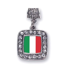 Inspired Silver - Italian Flag - Silver Memory Charm for Women - Square Charm Jewelry Gift with Cubic Zirconia - Women's Charm for Bracelets