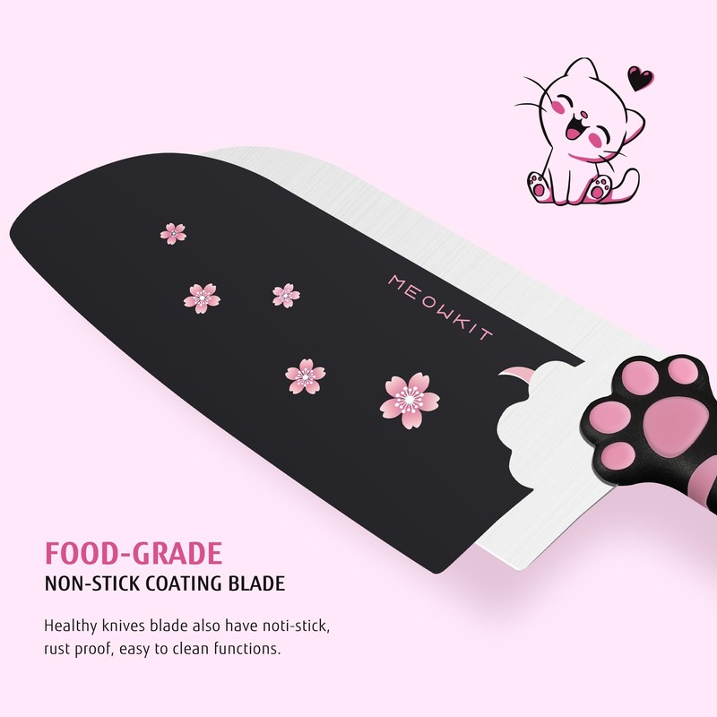 MEOWKIT Cute Kitchen Knife Set,5 pieces Non-Stick Knives with Detachable