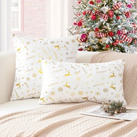 Ohok Christmas Gold Hot Embossing Velvet Cushion Cover, Set of 2, Decorative Sofa Cushion, Couch Cushion, Decorative Cushion Covers for Sofa, Living Room, Bedroom (White Deer, 30 x 50 cm)