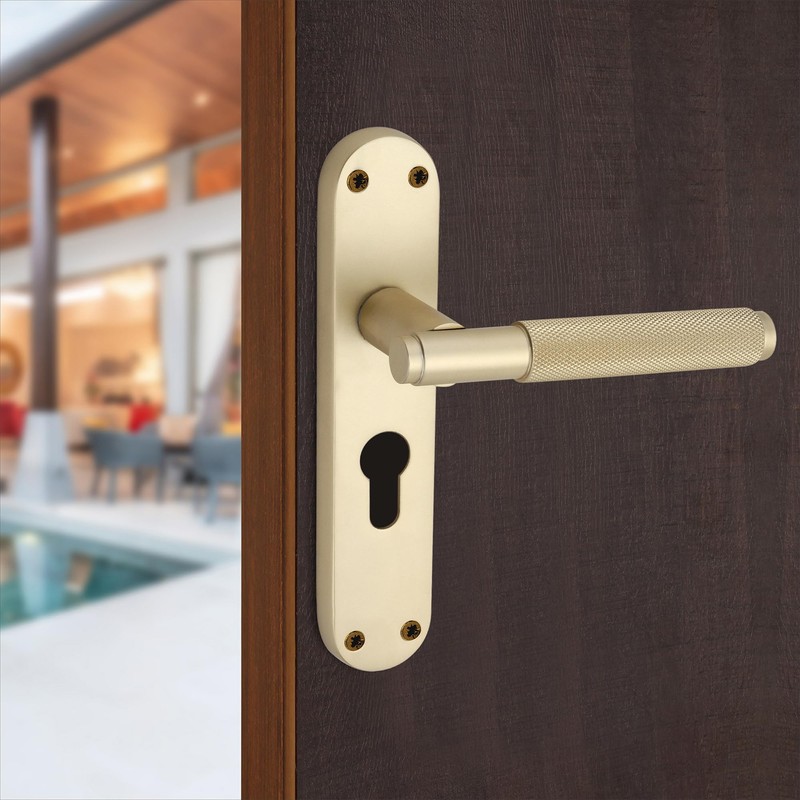 Infinity Decor Satin Brass Knurled Euro Lever Lock Door Handle