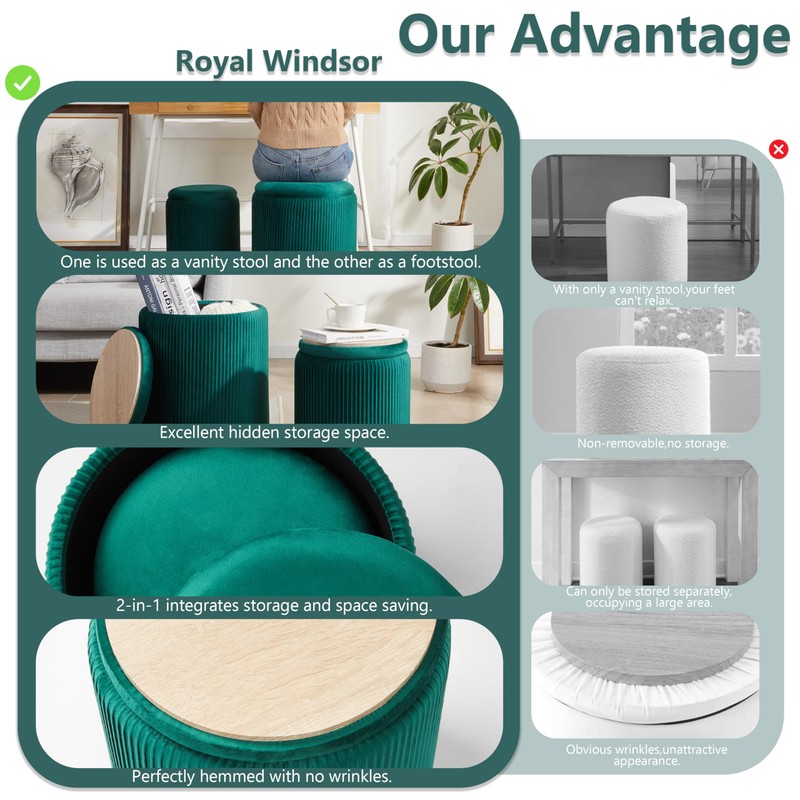 Royal Windsor Round Ottoman with Storage Set of 2,Vanity Stool
