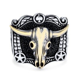 Personalize Mens Black Textured Animal Buffalo Cow Skull Antelope Goat Big Western Jewelry Texas Longhorn Skull Mens Signet Ring Two Tone .925 Sterling Silver Customizable