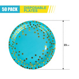 DHAIQC Pack of 50 Blue Gold Paper Plates, 23 cm, Disposable Plates, Colourful Party Plates, Party Tableware Set for Birthday, Weddings, Anniversary, Picnic, Grills (Blue Gold, 9 Inches)