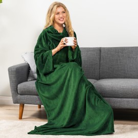 PAVILIA Emerald Green Fleece Wearable Blanket with Sleeves for Adults Women Men, Soft Warm Full Body Wrap Throw, Sweatshirt Pocket, Cozy Pullover Robe Blanket with Arm, Gifts for Christmas Mom Wife