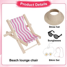 Accessories Set for Labu Doll,Miniature Beach Sun Hat/Sunglasses/Wooden Folding Beach Chairs for Dolls Accessories(No Doll Included)