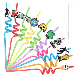 Children's Straws, Pack of 10 Reusable Football Straws with Straw Brush, Drinking Straws Children's Birthday, Colourful Plastic Straws as Party Accessories for Birthday, Children, Hawaiian Party