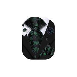 Hi-Tie Zipper Green and Black Floral Ties for Men Adjustable Pre-Tied Necktie Lapel Pin Pocket Square Cufflinks Set