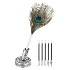 PATIKIL Peacock Feather Ballpoint Pens Bulk, Metal Holder Black Ink Vintage Quill Writing Pens with 5 Pieces Refill for Office, Wedding Signature, Silver