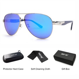 JUST GO Aviator Style Polarized Sunglasses with Zipper Case for Men and Women, Silver Frame, Blue Revo Lenses