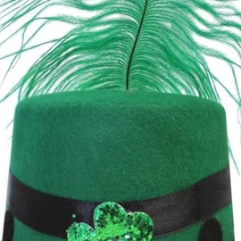 ADULTS IRISH HAT - MINI GREEN TOP HAT WITH SEQUIN SHAMROCK SYMBOL AND ATTACHED GREEN FEATHER - ST PATRICKS DAY IRELAND HAT PARTY FANCY DRESS ACCESSORY (ONE SIZE FITS MOST)