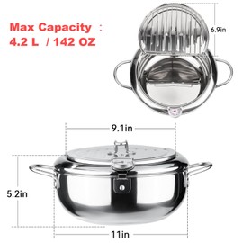 Large Tempura Frying Pot with Lid. Deep Fry Pot with (°F) Thermometer and Oil Drip Drain Rack for family of 4-6 people 11" 4.4Qt