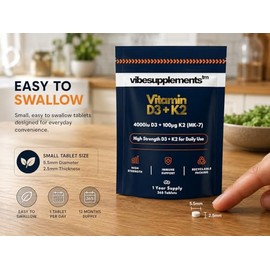 Vitamin D3 4000IU & K2 MK-7 100μg | 365 Vegetarian Tablets | 1 Year Supply | High Strength Vitamin D3 + K2 Supplement for Bones, Teeth & Immune System | Easy to Swallow | VibeSupplements