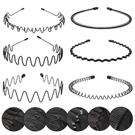 KELUBATU Metal Headbands for Man, Unisex Black Wavy & Smooth Headbands for Women, Non-Slip Elastic Hair Bands for Sports, Gym, Yoga, and Daily Use. (6 pack)