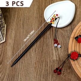 3 Stück Holz Haarnadeln chinesische Haar sticks Vintage Haarstab HaarstäBchen für Frauen Retro- japanische Haarstäbe mit Blumenmuster Blume Haarnadeln mit Quaste und Blumen, Haar-Accessoires