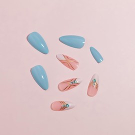 FIEONCIY Press on Nails Almond Shape-Glossy Full Cover Acrylic Blue False Nails with Rhinestone Designs Artificial Medium Almond Pointed Fake Nails Glue ons Nails Stick on Fingernails for Women
