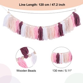 MECCANIXITY Bohemian Yarn Tassel Garland with Wood Beads,3.9Ft Pastel Pink Beige White Wall Hanging Tassels Banner Western Room Decor for Bedroom Office Nursery Classroom Party Decorations