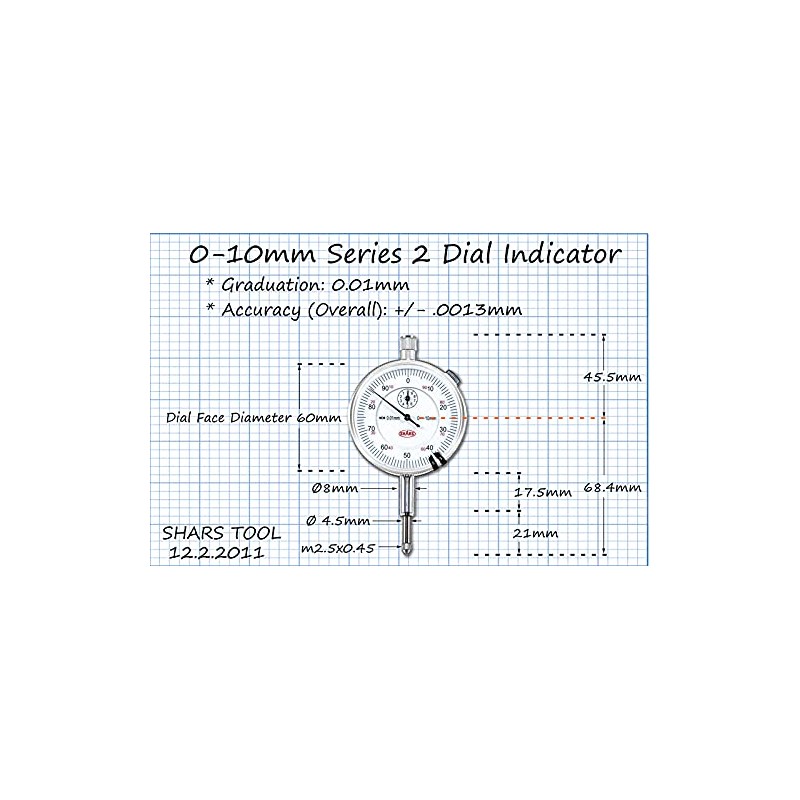 Shars High Precision Dial Indicator White, 0-10mm x .01mm 303-3110