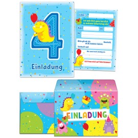 'Age 4 Children's Birthday Party 8 Invitation Cards Blue/Colourful and Fun Birthday Invitations for Girls and Boys Fun Monster Envelopes and Party Bags