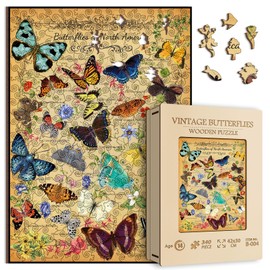 Vintage Butterfly Wooden Puzzle for Adults 340 Piece, North America Flower Plant Butterflies Wooden Jigsaw Puzzle, Plant Wood Puzzles for Adults, 15.7 * 11.2 in