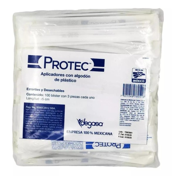 Protec Aplicadores C/algodón De Plástico Estéril Protec C/100 Paq/3