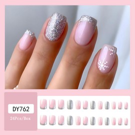 Christmas Glitter French Tip Press on Nails Short Square Fake Nails with Xmas Snowflake Design Silver Sparkly False Nails Full Cover Pink Glossy Acrylic Nails Christmas Stick on Nails for Women 24 Pcs