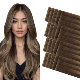 COOKAYU Injected Tape in Hair Extensions Human Hair,Medium Brown to Caramel Blonde Invisible Human Hair Tape in Extensions Seamless 20pcs 30g 14Inch