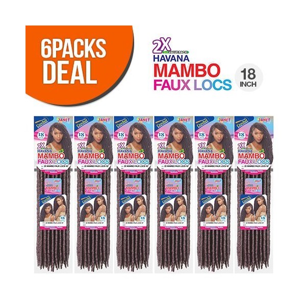 Janet Collection Synthetic Hair Crochet Braids 2X Havana Mambo Faux Locs 18" (6-Pack, RED)
