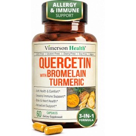 Vimerson Health Bordative Quercetina, curcumina e cúrcuma com suplemento de bromelaína e bioperina – Alívio ocasional de doenças articulares. 60 cápsulas veganas para adultos
