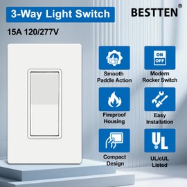 BESTTEN 20 Pack 3 Way Decorator Light Switch with Screwless Wall Plate,15A 120/277V, Paddle Rocker Wall Switch, On/Off Interrupter, UL Listed, White