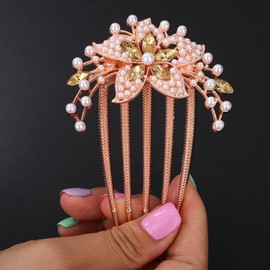 Chargances Boho Flower Chanpagne Rhinestone Hair Comb Bride Wedding Pearl Crystal Hair Side Comb Luxury Beaded Handmade Hair Accessories for Women and Girls (Chanpagne)