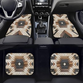 BENXINYA Boho Aztec Car Mats Set of 4 Shabby Hardwood Parquet Floor Wooden Boards Texture with Geometric Pattern Floor Mats for Cars Non Slip Front Rear Vehicle Rugs Universal Accessories for Trucks
