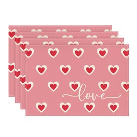 Artoid Mode Love Heart Pink Valentines Day Placemats Set of 4, 12x18 Inch Wedding Anniversary Table Mats for Party Kitchen Dining Decoration