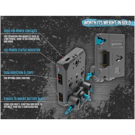 KONDOR BLUE | Gold Mount Pro Battery Plate with Swiveling Rod Block | ARRI-Style Anti-Twist mounts, M4 mounts & Output/Input Capability | Space Gray