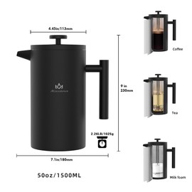 Miscedence French Press Coffee Maker，50OZ Double Wall Vacuum Insulated 304 Stainless Steel for Home, Camping and Office