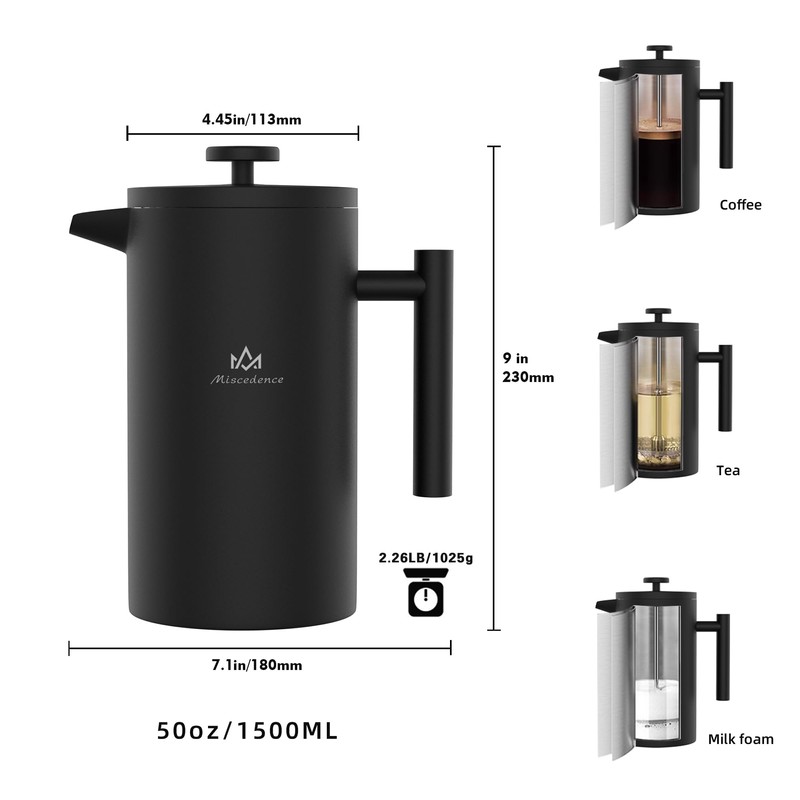 Miscedence French Press Coffee Maker，50OZ Double Wall Vacuum Insulated 304